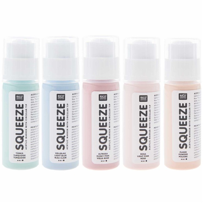 Squeeze Marker, 5x60ml Pastell Set (Puder / Hellrosa / Altrosa / Hellblau / Türkis) - 