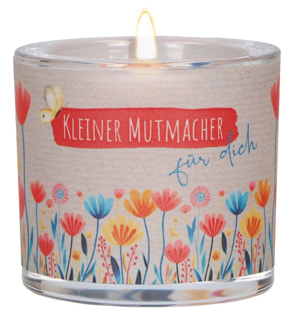 Butzon & Bercker Glaswindlicht mit Blumenmotiv Ø 6,5 cm - farbig bedrucktes Windlicht, Lieferung mit Teelicht, liebevolles Geschenk für Mut und Zuversicht, Geschenkverpackung - 