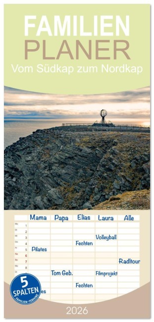 Familienplaner 2026 - Vom Südkap zum Nordkap mit 5 Spalten (Wandkalender, 21 x 45 cm) CALVENDO - Christa Kramer