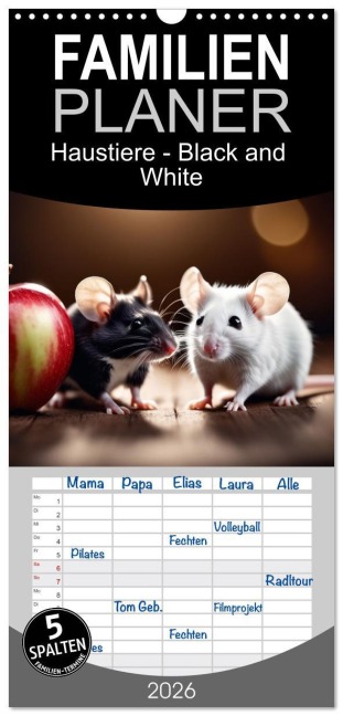 Familienplaner 2026 - Haustiere - Black and White mit 5 Spalten (Wandkalender, 21 x 45 cm) CALVENDO - Claudia Claudia