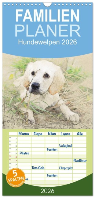 Familienplaner 2026 - Hundewelpen 2026 mit 5 Spalten (Wandkalender, 21 x 45 cm) CALVENDO - Andrea Redecker
