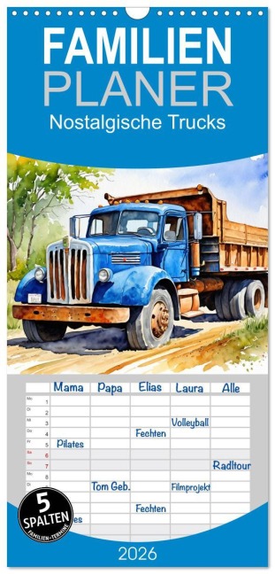 Familienplaner 2026 - Nostalgische Trucks mit 5 Spalten (Wandkalender, 21 x 45 cm) CALVENDO - Claudia Kleemann