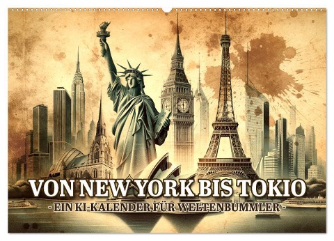 Von New York bis Tokio - Ein KI-Kalender für Weltenbummler (Wandkalender 2025 DIN A2 quer), CALVENDO Monatskalender - Artefacti Artefacti