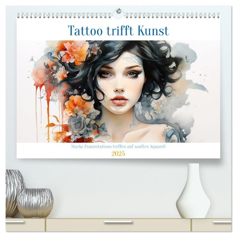 Tattoo trifft Kunst - Starke Tattoos treffen auf sanftes Aquarell (hochwertiger Premium Wandkalender 2025 DIN A2 quer), Kunstdruck in Hochglanz - Daniela Tapper