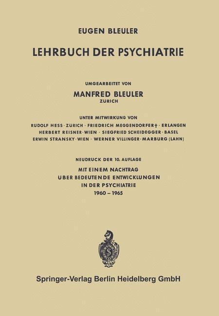 Lehrbuch der Psychiatrie - Eugen Bleuler, Manfred Bleuler
