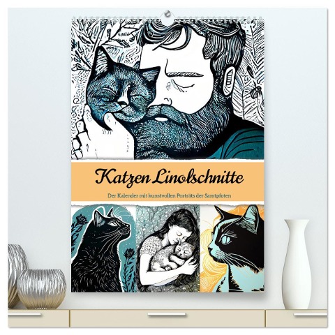 Katzen Linolschnitt - Der Kalender mit kunstvollen Porträts der Samtpfoten (hochwertiger Premium Wandkalender 2025 DIN A2 hoch), Kunstdruck in Hochglanz - Anja Frost