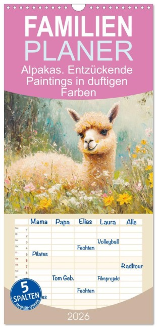 Familienplaner 2026 - Alpakas. Entzückende Paintings in duftigen Farben mit 5 Spalten (Wandkalender, 21 x 45 cm) CALVENDO - Rose Hurley