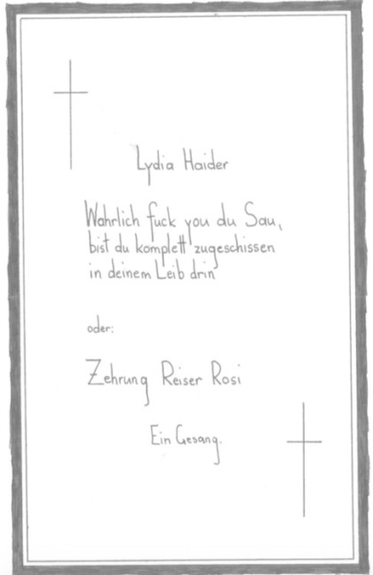 Wahrlich fuck you du Sau, bist du komplett zugeschissen in deinem Leib drin - Haider Lydia