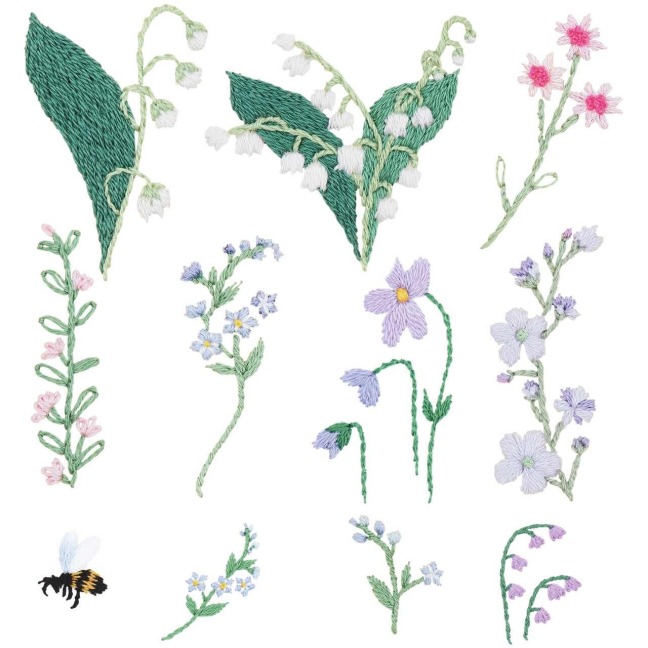 Stick & Stitch Packung, Blumen, bunt, 21 Stk., inkl. wasserlöslicher, bedruckter Stickvorlage, Stickgarn, Sticknadel und Anleitung - 