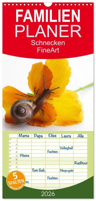 Familienplaner 2026 - Schnecken FineArt mit 5 Spalten (Wandkalender, 21 x 45 cm) CALVENDO - Tanja Riedel