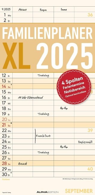 Familienplaner XL 2025 mit 4 Spalten - Familien-Timer 22x45 cm - Offset-Papier - mit Ferienterminen - Wand-Planer - Familienkalender - Alpha Edition - 