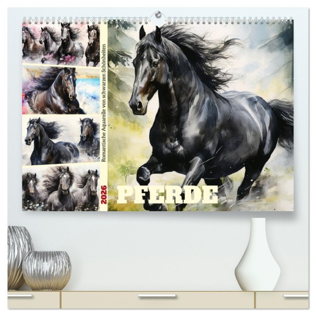 Pferde. Romantische Aquarelle von schwarzen Schönheiten (hochwertiger Premium Wandkalender 2026 DIN A2 quer), Kunstdruck in Hochglanz - Rose Hurley