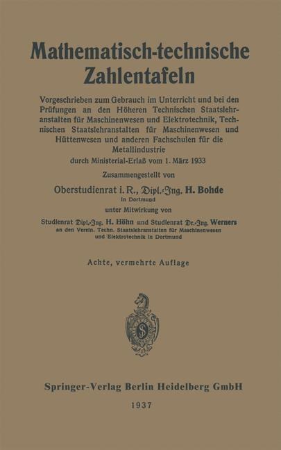 Mathematisch-technische Zahlentafeln - Heinrich Bohde, Hugo Höhn, Paul Werners