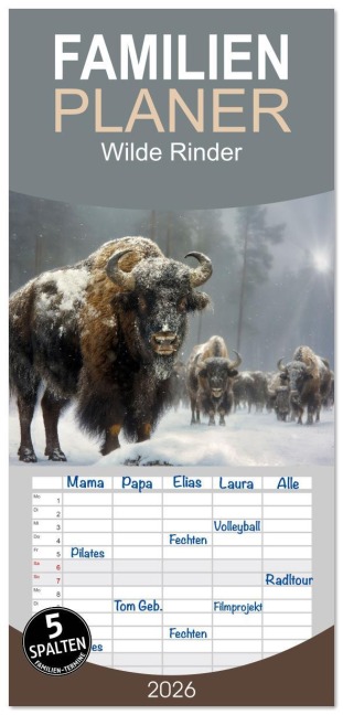 Familienplaner 2026 - Wilde Rinder mit 5 Spalten (Wandkalender, 21 x 45 cm) CALVENDO - Sabine Löwer