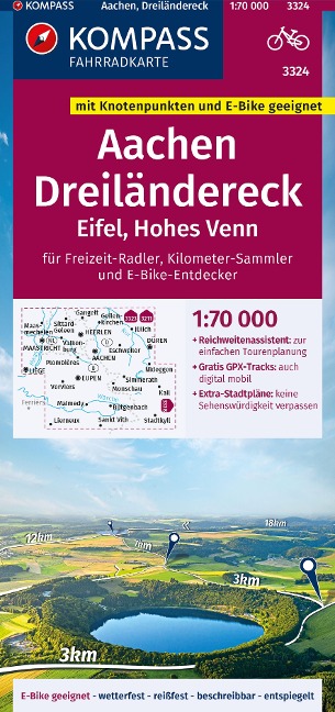KOMPASS Fahrradkarte 3324 Aachen, Dreiländereck, Eifel, Hohes Venn mit Knotenpunkten 1:70.000 - 