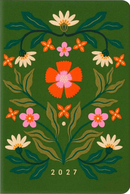 Taschenkalender A6 2027: Blütenmotiv, bestickt, grün - 