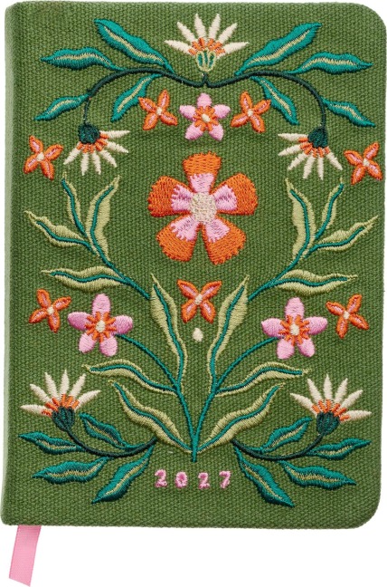 Taschenkalender A6 2027: Blütenmotiv, bestickt, grün - 