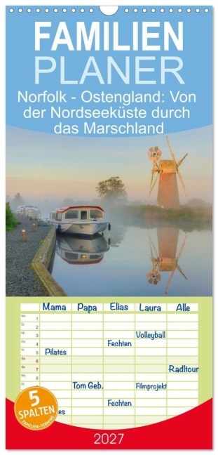Familienplaner 2027 - Norfolk - Ostengland: Von der Nordseeküste durch das Marschland mit 5 Spalten (Wandkalender, 21 x 45 cm) CALVENDO - Joana Kruse