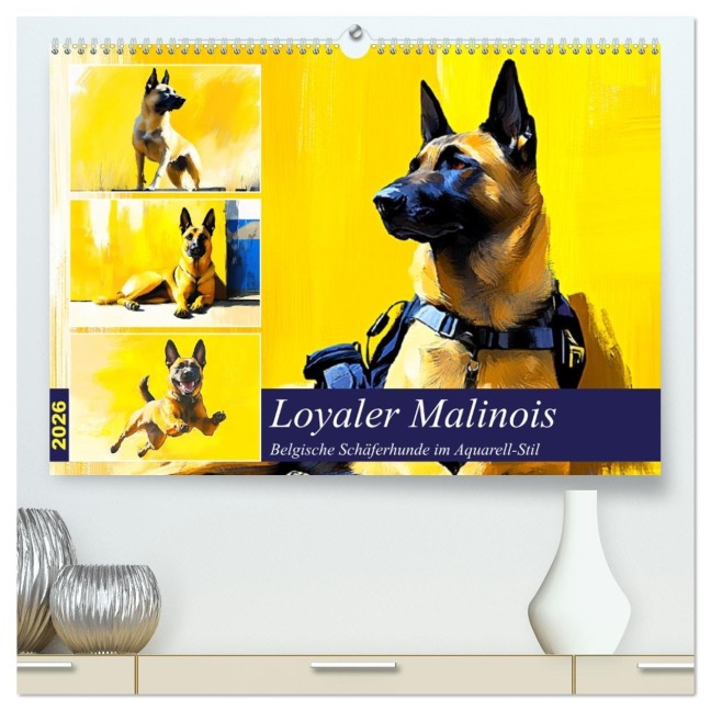 Loyaler Malinois. Belgische Schäferhunde im Aquarell-Stil (hochwertiger Premium Wandkalender 2026 DIN A2 quer), Kunstdruck in Hochglanz - Rose Hurley