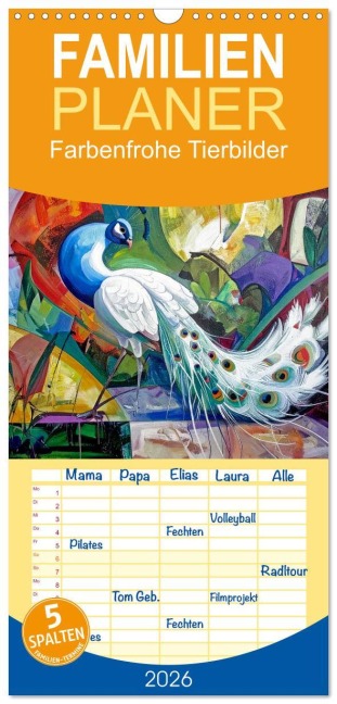 Familienplaner 2026 - Farbenfrohe Tierbilder mit 5 Spalten (Wandkalender, 21 x 45 cm) CALVENDO - Werner Braun
