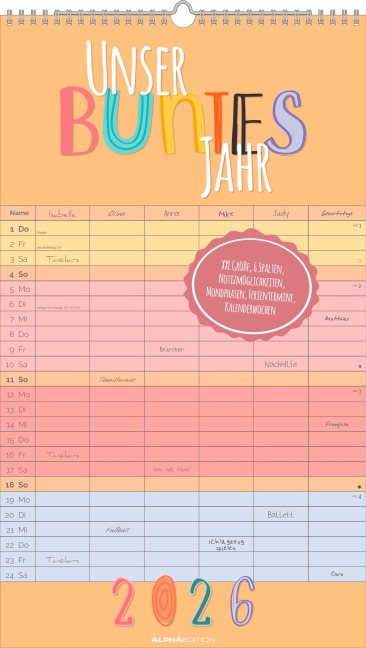 Unser buntes Jahr 2026 Familienplaner - Familien-Timer 26x45 cm - Offset-Papier - mit Ferienterminen - Wand-Planer - Familienkalender - Alpha Edition - 