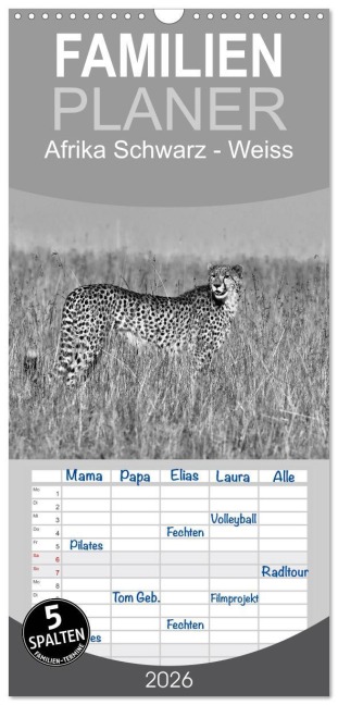 Familienplaner 2026 - Afrika Schwarz - Weiss mit 5 Spalten (Wandkalender, 21 x 45 cm) CALVENDO - Angelika Stern
