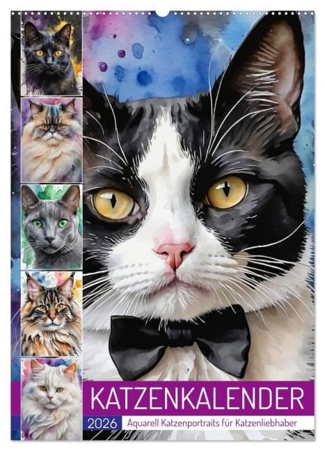 KATZENKALENDER - Aquarell Katzenportraits für Katzenliebhaber (Wandkalender 2026 DIN A2 hoch), CALVENDO Monatskalender - Mb Fotografie