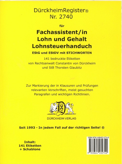DürckheimRegister® Nr. 2740 Fachassistent/in Lohn und Gehalt (2024) Lohnsteuerhandbuch - 