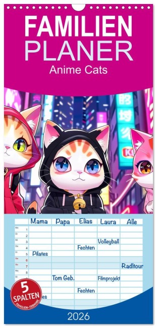 Familienplaner 2026 - Anime Cats mit 5 Spalten (Wandkalender, 21 x 45 cm) CALVENDO - Cathrin Illgen