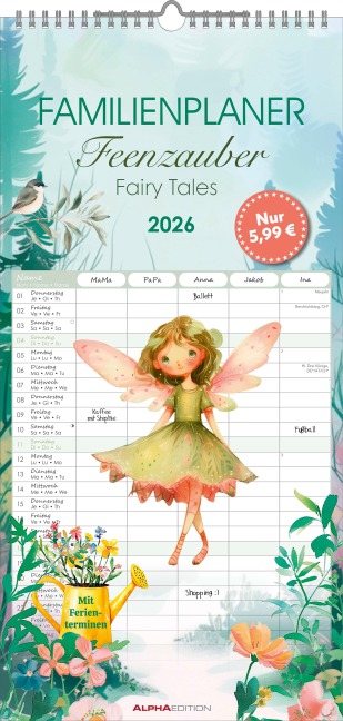 Familienplaner Feenzauber im Format 22 x 45 mit 5 Spalten - 