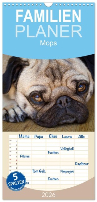 Familienplaner 2026 - Mops mit 5 Spalten (Wandkalender, 21 x 45 cm) CALVENDO - Beate Zoellner