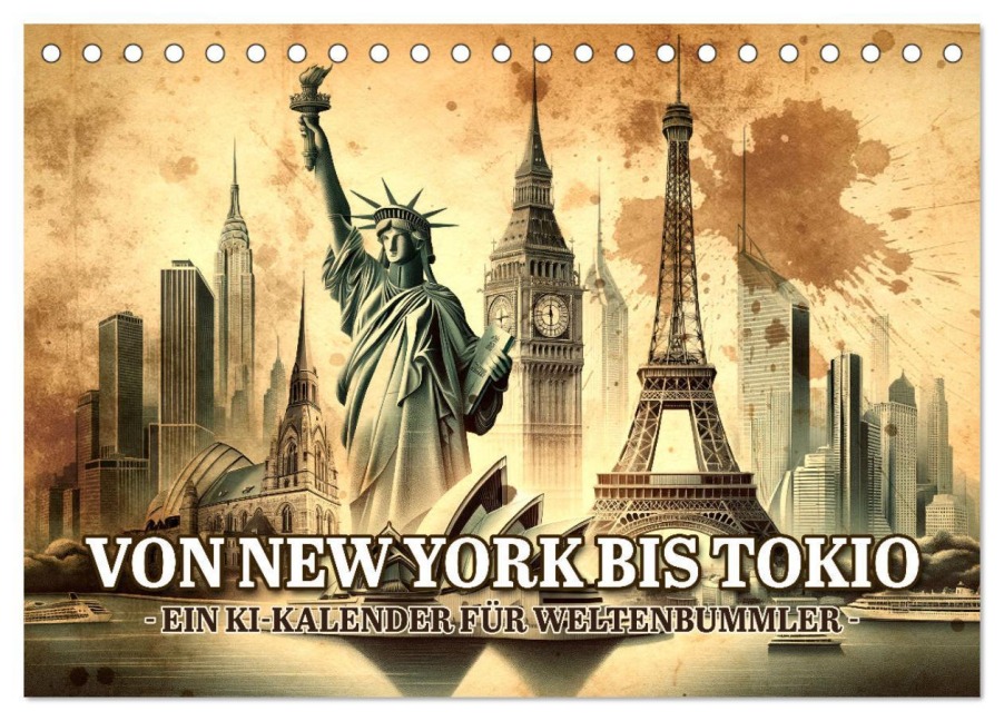 Von New York bis Tokio - Ein KI-Kalender für Weltenbummler (Tischkalender 2026 DIN A5 quer), CALVENDO Monatskalender - Artefacti Artefacti