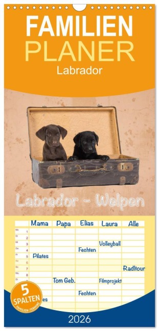 Familienplaner 2026 - Labrador - Welpen mit 5 Spalten (Wandkalender, 21 x 45 cm) CALVENDO - Heiko Eschrich -Heschfoto