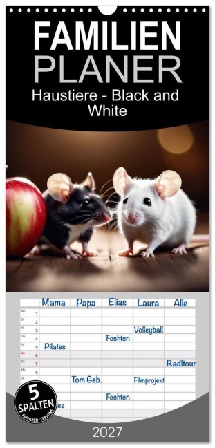 Familienplaner 2027 - Haustiere - Black and White mit 5 Spalten (Wandkalender, 21 x 45 cm) CALVENDO - Claudia