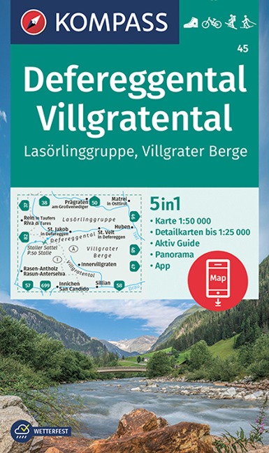 KOMPASS Wanderkarte 45 Defereggental, Villgratental, Lasörlinggruppe, Villgrater Berge 1:50.000 - 
