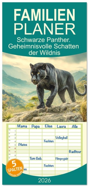 Familienplaner 2026 - Schwarze Panther. Geheimnisvolle Schatten der Wildnis mit 5 Spalten (Wandkalender, 21 x 45 cm) CALVENDO - Rose Hurley