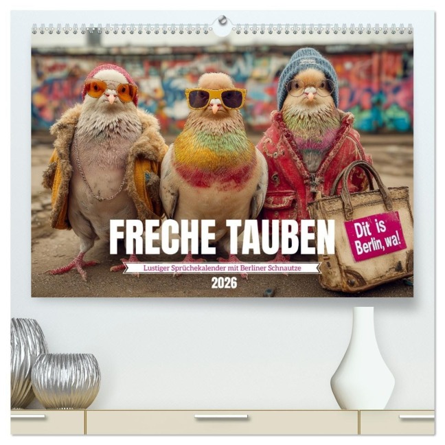Freche Tauben - Lustiger Sprüchekalender mit Berliner Schnautze (hochwertiger Premium Wandkalender 2026 DIN A2 quer), Kunstdruck in Hochglanz - 