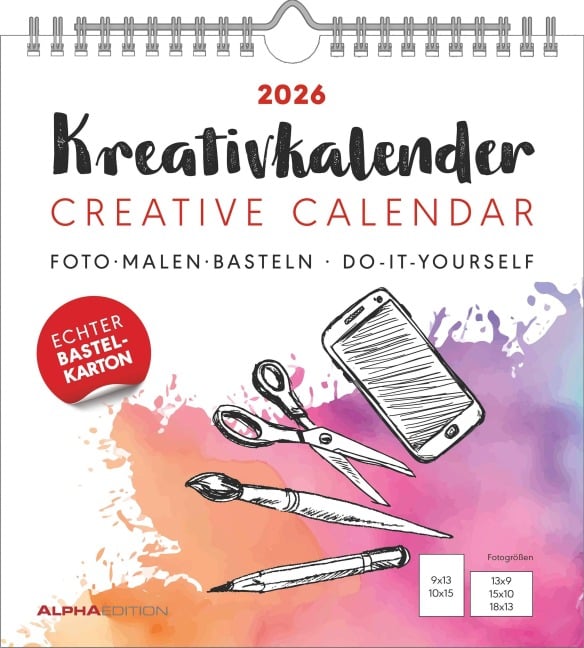 Kreativ-Kalender weiß 2026 - 21x22 cm -  Foto, Malen, Basteln - datiert - Kreativkalender - Foto-Kalender - Alpha Edition - 