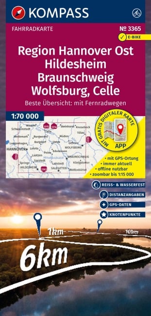 KOMPASS Fahrradkarte 3365 Region Hannover Ost, Hildesheim, Braunschweig, Wolfsburg, Celle, mit Knotenpunkten 1:70.000 - 