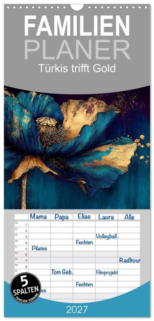 Familienplaner 2027 - Türkis trifft Gold mit 5 Spalten (Wandkalender, 21 x 45 cm) CALVENDO - Anne Seltmann