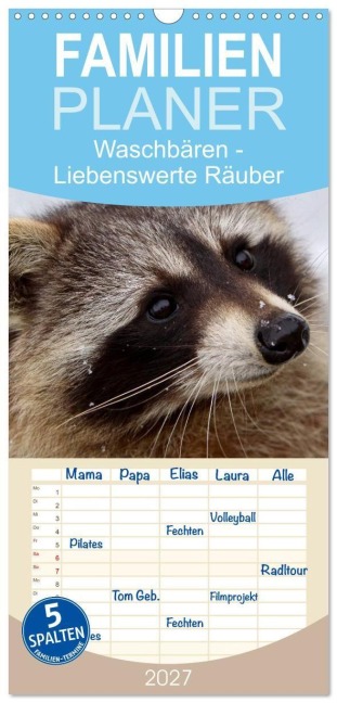 Familienplaner 2027 - Waschbären mit 5 Spalten (Wandkalender, 21 x 45 cm) CALVENDO - Martina Berg