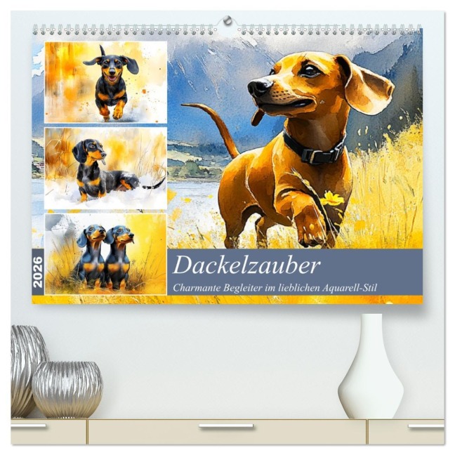 Dackelzauber. Charmante Begleiter im lieblichen Aquarell-Stil (hochwertiger Premium Wandkalender 2026 DIN A2 quer), Kunstdruck in Hochglanz - Rose Hurley
