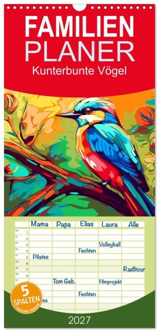 Familienplaner 2027 - Kunterbunte Vögel mit 5 Spalten (Wandkalender, 21 x 45 cm) CALVENDO - Kerstin Waurick