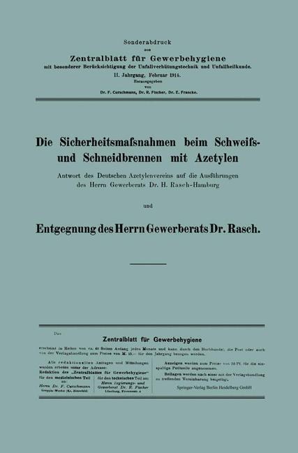 Die Sicherheitsmafsnahmen beim Schweifs- und Schneidbrennen mit Azetylen - H. Rasch