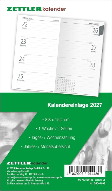 Kalenderersatzeinlage TP 1W/2S 2027 - 