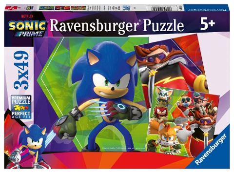 Ravensburger Kinderpuzzle 05695 - Die Abenteuer von Sonic - 3x49 Teile Sonic Prime Kinderpuzzle für Kinder ab 5 Jahren - 