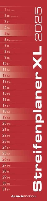 Streifenplaner XL ROT 2025 - Streifenkalender 15x64 cm - Wandplaner - Küchenkalender - schmales Design - eine Spalte - Langplaner - 