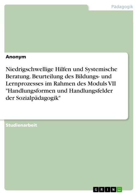 Niedrigschwellige Hilfen und Systemische Beratung. Beurteilung des Bildungs- und Lernprozesses im Rahmen des Moduls VII "Handlungsformen und Handlungsfelder der Sozialpädagogik" - 