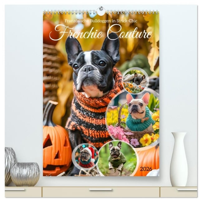 Frenchie Couture - Französische Bulldoggen in Strick-Chic (hochwertiger Premium Wandkalender 2026 DIN A2 hoch), Kunstdruck in Hochglanz - Anja Frost