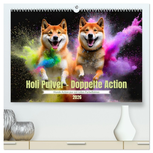 Holi Pulver - Doppelte Action (hochwertiger Premium Wandkalender 2026 DIN A2 quer), Kunstdruck in Hochglanz - Fotodesign Verena Scholze